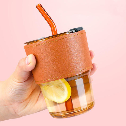 Premium Glass Coffee Mug With Leather Sleeve & Glass Straw