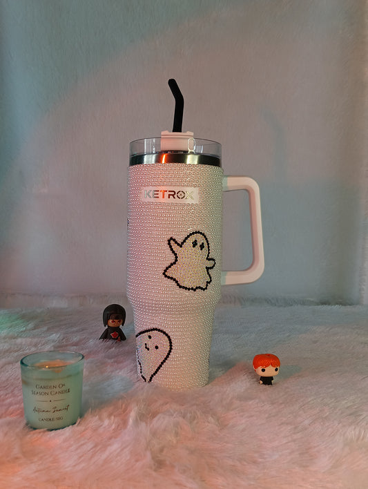 Ghost Bling Rhinestone Personalized Tumbler With Straw